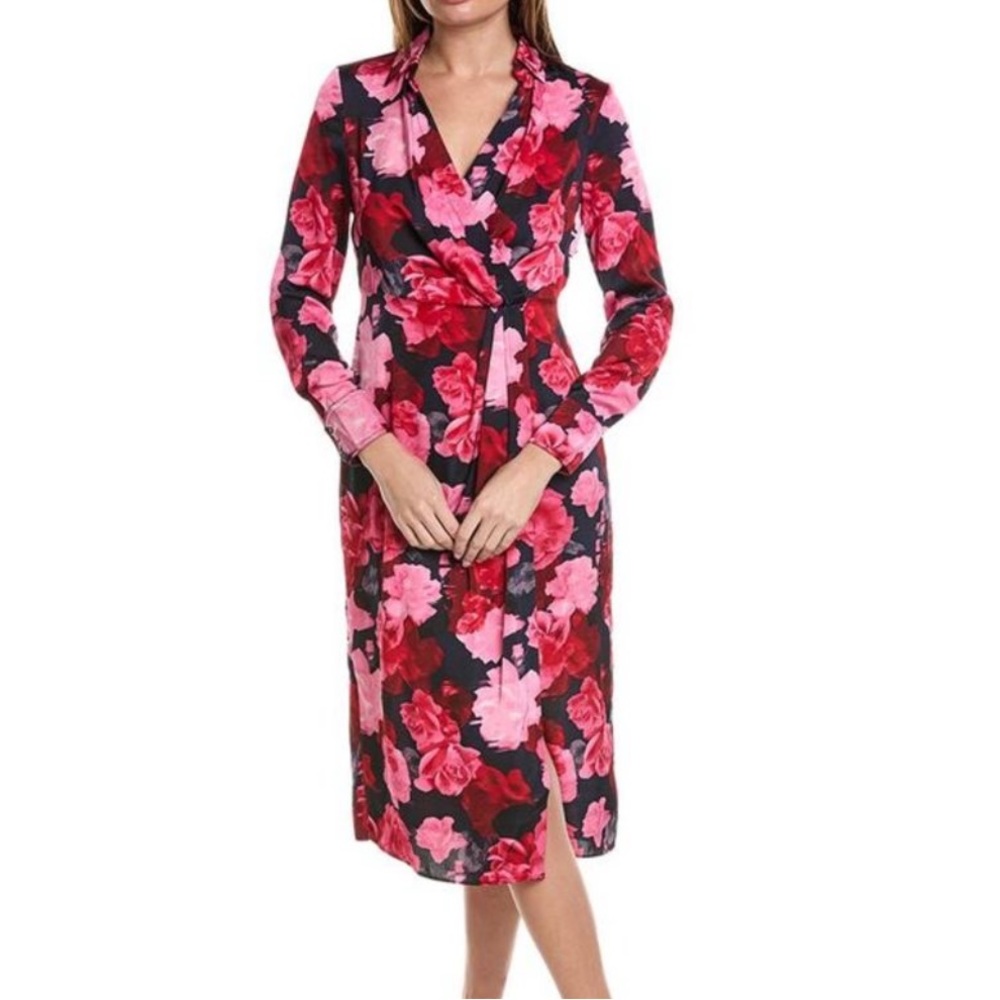 Nicole Miller Floral Wrap Midi Dress Red Pink Long Sleeve Modern Romantic 12